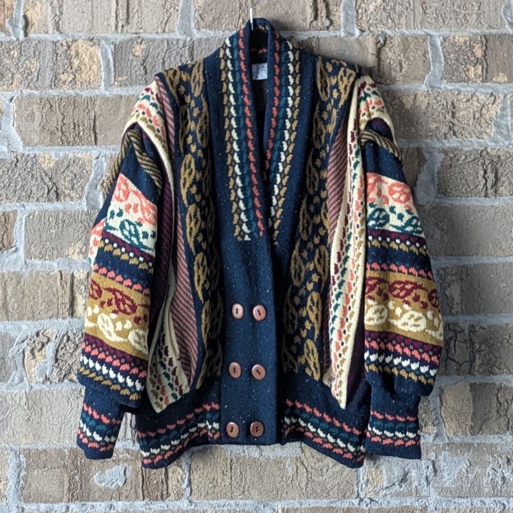 VTG 80s Annie Hall Designer Knitwear 100% Wool Double Breasted Cardigan Sweater